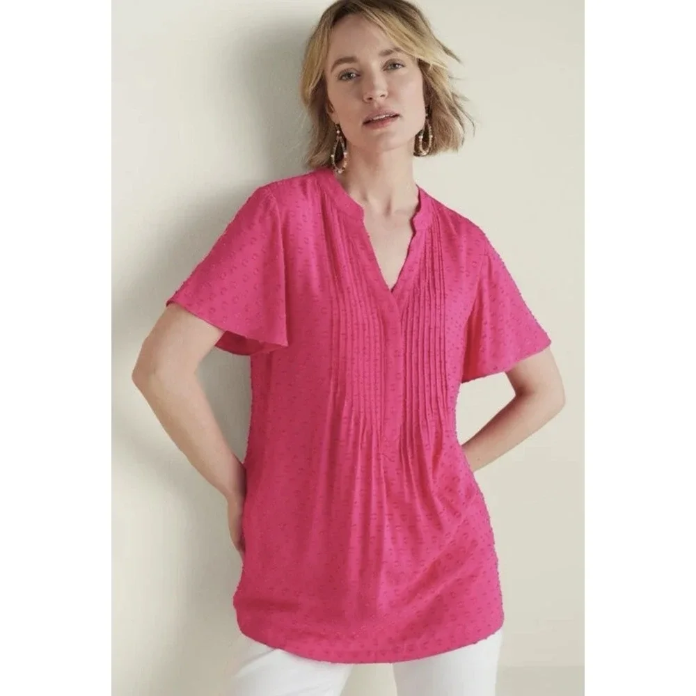 Soft Surroundings Women's 1X Pink Magenta Swiss Dot Pleat Offshore Rayon Top NWT - Picture 15 of 16